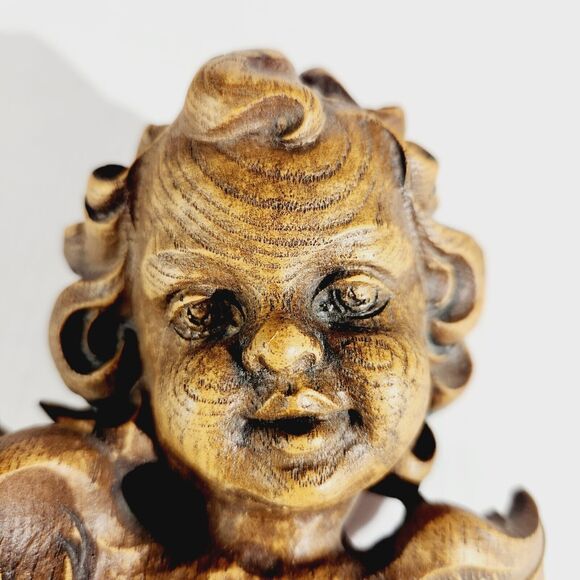 Syroco Wood Angel Cherub Wall Hanging 6in 3.5in Lot of 2 MCM Vtg Detailed Brown - Picture 3 of 8